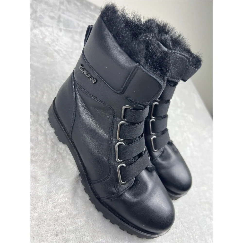 BEARPAW Vivian BOOT 7 Black SHEEP Nappa LEATHER Ankle Short Hiking Biker Fur